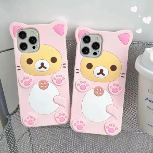 Miniatura 6 de IAIYOXI Funda de teléfono con diseño de oso de dibujos animados 3D para iPhone 13 Mini, moderna y elegante, divertido diseño de oso rosa, funda