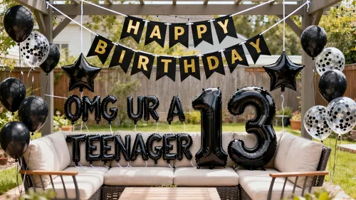 Miniatura 9 de Decoraciones de cumpleaños número 13 azul para niños, pancarta OMG UR A Teenager Happy 13th Birthday Banner número 13 globos de papel de aluminio