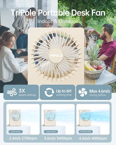 Miniatura 5 de TriPole - Ventilador de escritorio mini portátil recargable, ultra silencioso, pequeño de 4.5 pulgadas, para viajes personales con inclinación