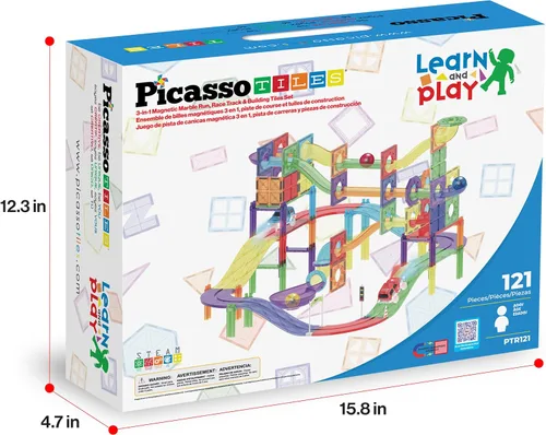 Miniatura 9 de PicassoTiles Juego de 121 azulejos magnéticos de pista de carreras de mármol 3 en 1, juego de construcción de carreras de automóviles, aprendizaje
