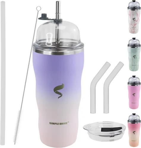 Miniatura 16 de Vaso aislado de 20 onzas con popote y tapa, pajitas de acero inoxidable para vaso, taza de viaje al vacío de doble pared, a prueba de derrames, taza
