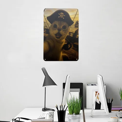 Miniatura 2 de Ydeaom - Divertido arte de pared de metal con diseño de gato, letrero de hojalata vintage con marco retro, póster de animales caprichosos para bar