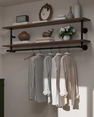 Miniatura 13 de Perchero negro de 36 pulgadas, perchero montado en la pared con estante de madera real negra, perchero colgante resistente, barra para colgar