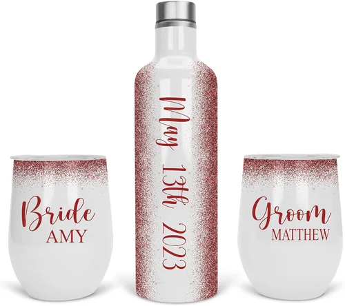 Miniatura 5 de Vaso de vino personalizado, regalo de vaso de vino, vasos de vino de acero inoxidable, paquete de 2 unidades de 12 onzas y 1 botella de vino Gris