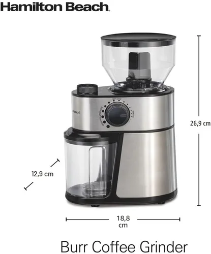 Miniatura 8 de Hamilton Beach Molinillo de café eléctrico con tolva grande de 16 onzas y 18 ajustes para 2-14 tazas, acero inoxidable (80385)