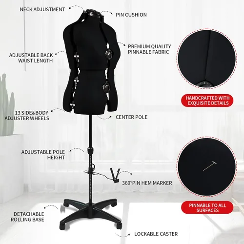 Miniatura 5 de Maniquí Ajustable para Vestidos Negro, Forma de Cuerpo Femenino de Talla 12-18, para Costura, Forma de Cuerpo con 13 Diales y Ruedas Desmontables