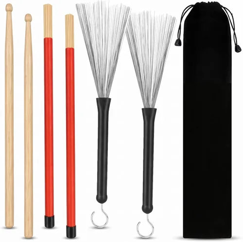 Tbrand Baquetas de tambor 1 par de baquetas de madera de arce 5A, 1 par de cepillos retráctiles para tambor y 1 par de cepillos de tambor con