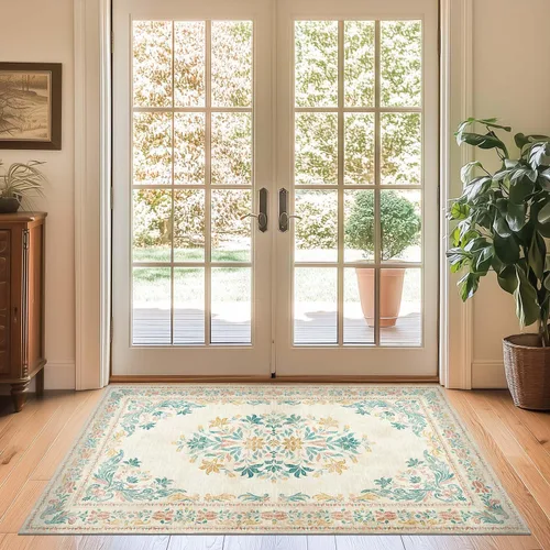 Miniatura 104 de Jinchan Fiora - Alfombra redonda de 8 pies, alfombras vintage con diseño floral envejecido, lavable a máquina, antideslizante, de pelo bajo, Azul
