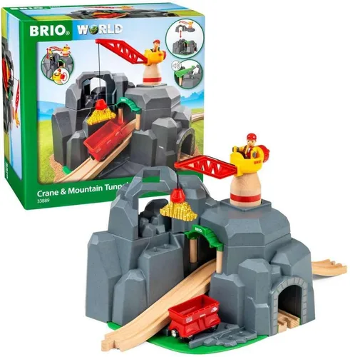 BRIO World - 33889 Crane & Mountain Tunnel | Accesorio de tren de juguete de 7 piezas para niños | Juego interactivo | Madera certificada FSC |