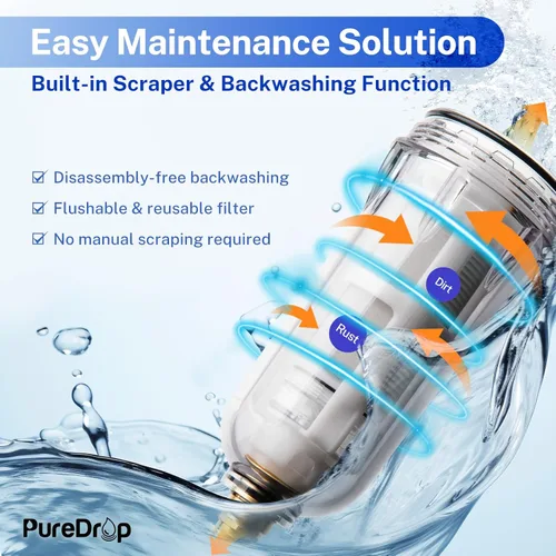 Miniatura 4 de PureDrop PDR-ARB50WSP Filtro de agua de sedimentos giratorio, módulo de auto-lavado con pantalla táctil, filtro de sedimentos reutilizable para toda