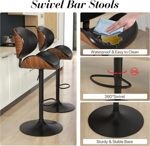 Miniatura 3 de KCC Juego de 2 taburetes de bar giratorios de altura ajustable, sillas de bar tapizadas de piel sintética con reposapiés, taburete de bar de madera