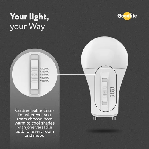 Miniatura 7 de Goodlite Bombilla LED A19 base GU24, 5 colores seleccionables 3000K-3500K-4100K-5000K-6500K, 800 lúmenes, 9 vatios (equivalente a 60 W), alto CRI