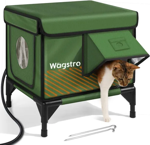 Casa calefaccionada para gatos de exterior, casa calefaccionada aislada resistente a la intemperie para gatos de exterior con aleros impermeables y