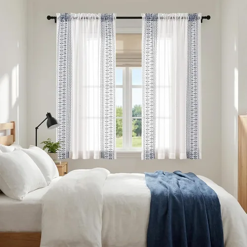 Miniatura 3 de jinchan Cortinas traslúcidas para sala de estar, dormitorio, cortinas azules bohemias bordadas, cortinas de gasa bohemias de 63 pulgadas de largo