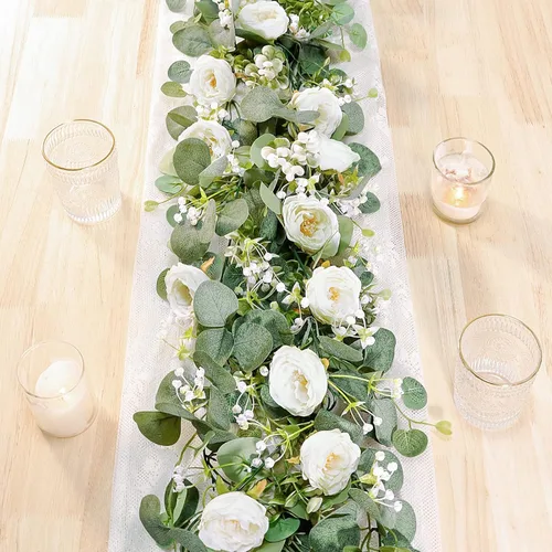 Miniatura 19 de TOCHGREEN Paquete de 4 Guirnaldas de Flores de Eucalipto Artificial con Rosas Blancas, Guirnalda de Flores de Rosa Falsa Vegetación Enredaderas