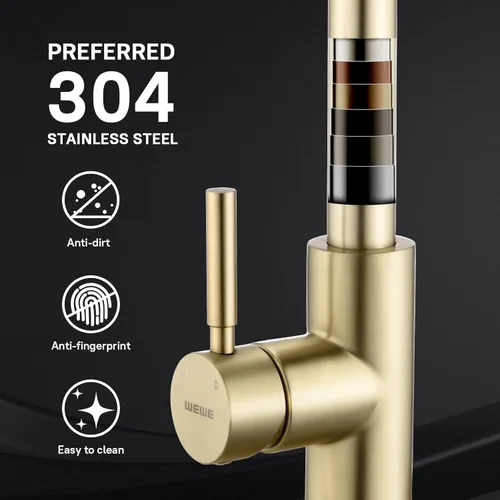 Miniatura 4 de Grifo de cocina dorado cepillado con rociador extraíble WEWE, grifo de cocina dorado monomando de acero inoxidable latón cobre comercial RV 1 o 3