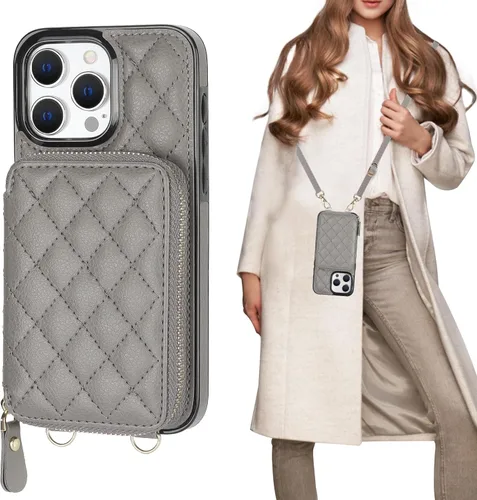 Miniatura 9 de Bocasal Funda tipo cartera cruzada para iPhone 15 Pro Max, con bloqueo RFID, de piel sintética, con cremallera, funda tipo cartera con función atril