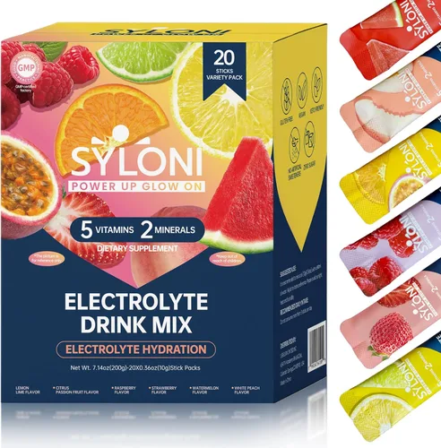 Paquetes de electrolitos en polvo, paquete variado de prueba (20 varillas), paquetes de hidratación sin azúcar, mezcla de bebidas con 7 vitaminas y