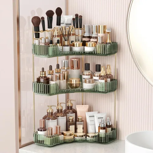 Miniatura 8 de BEFSOP Organizador de esquina para mostrador de baño, organizador de maquillaje mejorado de 2 niveles con soporte para brochas de maquillaje