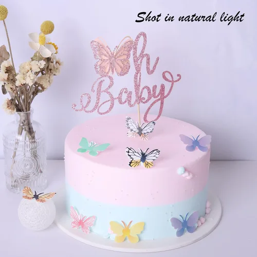 Miniatura 6 de Rsstarxi 1 paquete de decoración de pastel de mariposa Oh Baby con purpurina para baby shower, decoración de pastel de mariposa para revelación