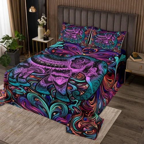 Miniatura 31 de Erosebridal Juego de colcha de teñido anudado arcoíris, juego de ropa de cama bohemio de calavera de la muerte, juego de ropa de cama tamaño King