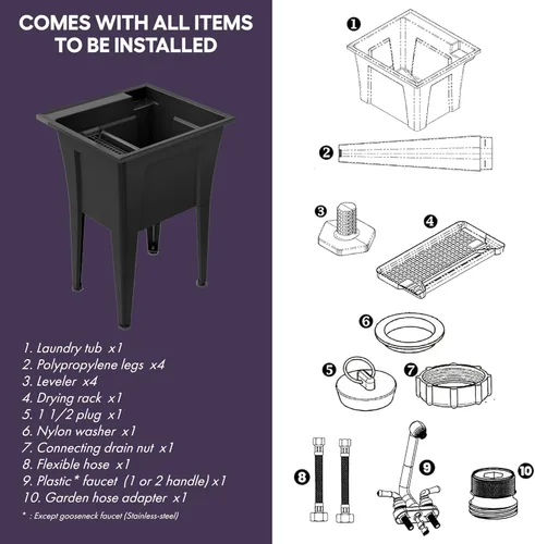 Miniatura 2 de Fregadero de servicios independiente con grifo de cuello de cisne de acero inoxidable - Fregadero de servicios de plástico de 24" para garaje, Negro