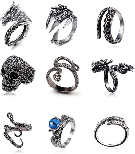 BYONDEVER - Anillos de calavera de dragón chino estilo punk color negro estilo vintage de aleación gótica abiertos ajustables