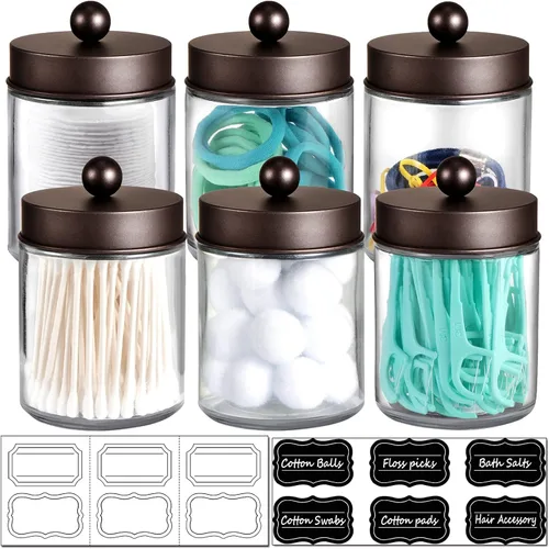 Miniatura 12 de Amolliar 6 tarros de boticario para baño, organizador de tocador de baño, decoración rústica de granja con tapas de acero inoxidable, soporte Negro