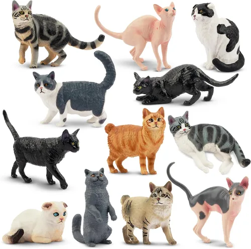 12 piezas Figuras de gato, figuras de gato de plástico, juguetes realistas de gatitos, decoraciones de pastel de gato para Halloween, Navidad,