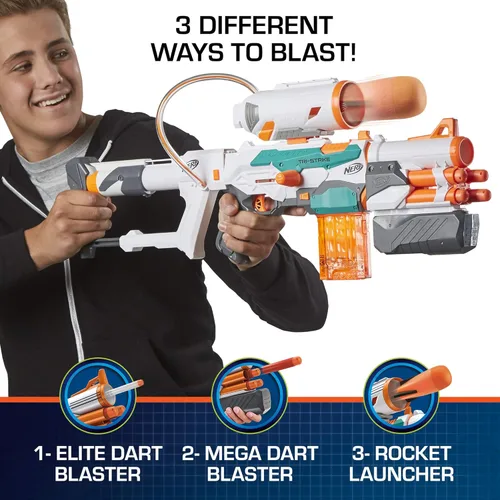 Miniatura 5 de Nerf Modulus Tri-Strike Blaster, Cañón Mega, Lanzacohetes, Cargador, 1 Cohete, Juegos al Aire Libre para Niños (Exclusivo de Amazon)