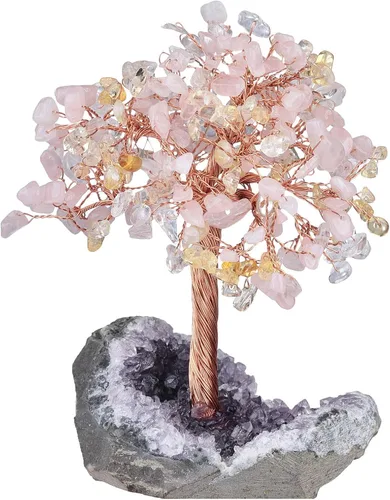 Miniatura 10 de Nupuyai Árboles de dinero de cristal natural con base de racimo de amatista, figura decorativa de piedra de cristal para decoración de escritorio