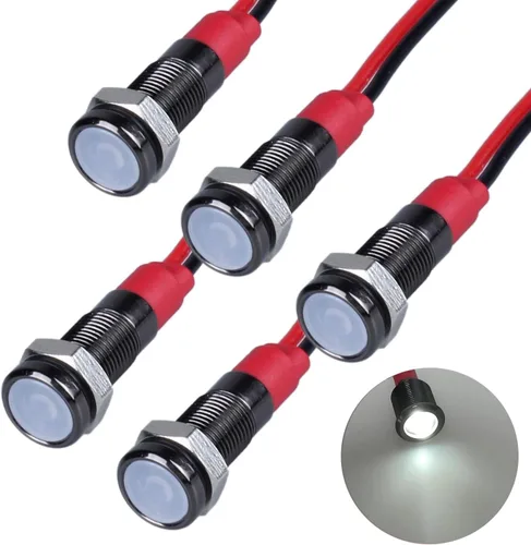 Miniatura 24 de 5 unidades de 0.236 in 12V-24V 20mA luz indicadora LED de metal de ahorro de energía, bisel cromado negro, orificio de montaje de 1/4 pulgadas