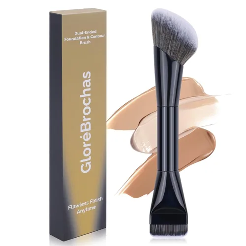 Brocha de maquillaje de doble extremo, base plana y pincel de contorno en ángulo para una mezcla impecable, cobertura suave y contorno sin esfuerzo,