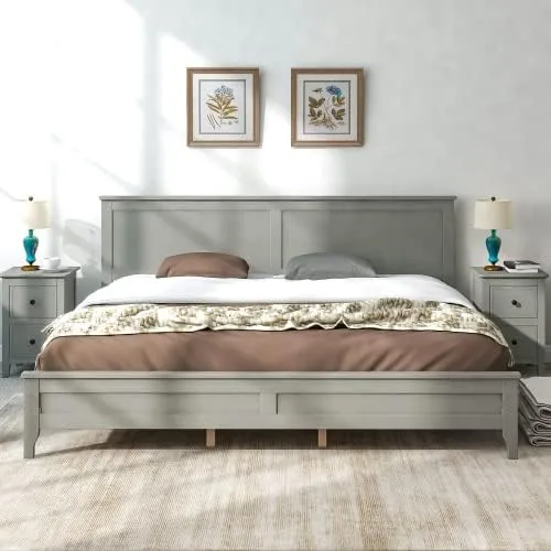 Miniatura 9 de anwickjeff Base de cama de tamaño matrimonial con cabecero y estribo, cama de plataforma de madera maciza blanca de estilo conciso moderno
