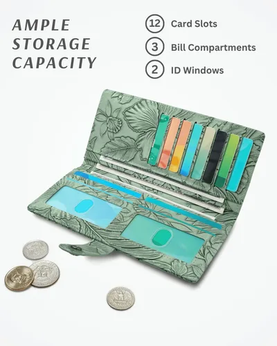 Miniatura 3 de Unilily Cartera delgada para mujer, con bloqueo RFID, de piel vegana, plegable, tarjetero con 2 ventanas de identificación y bolsillo con Verde