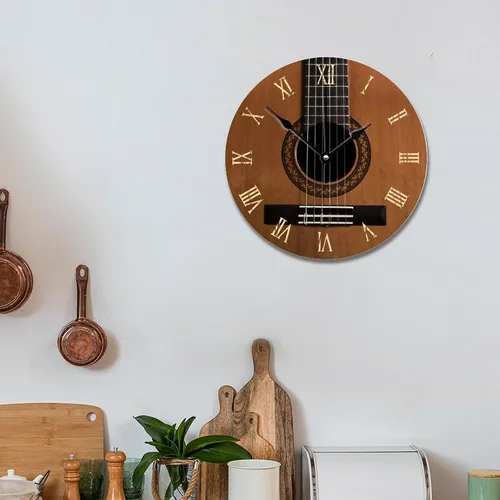 Miniatura 6 de Reloj de pared con aspecto de madera natural, reloj de pared de guitarra acústica, silencioso, redondo, de madera, funciona con pilas, reloj