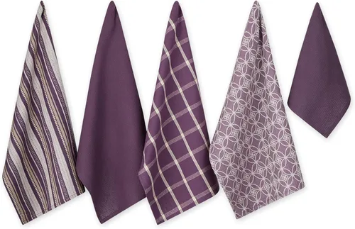 DII Juego de cocina variado tejido, toalla de cocina, 18 x 28 pulgadas, paño de cocina, 13 x 13 pulgadas, berenjena, 5 piezas