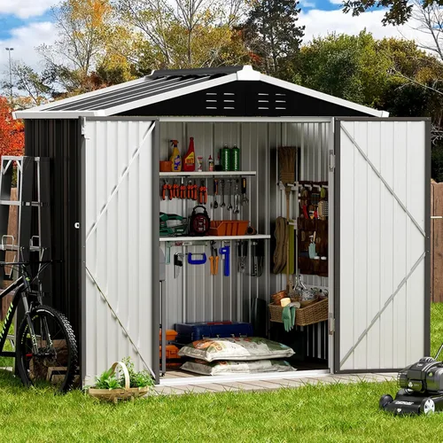 Cobertizo de almacenamiento para exteriores de 6 x 4 pies con puerta con cerradura individual, cobertizo de metal galvanizado adecuado para el