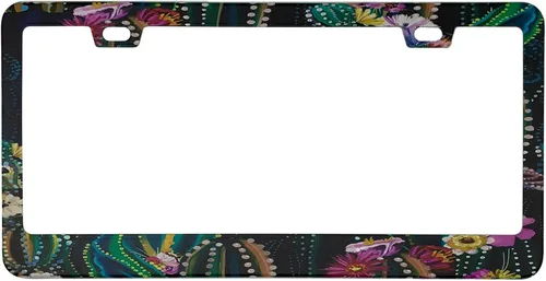 Miniatura 11 de Marco de placa de matrícula con hojas de palma, color rosa y azul, estilo bohemio, con temática hawaiana tropical, de acero inoxidable