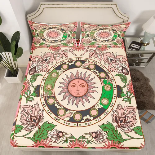 Miniatura 4 de Juego de sábanas de sol vintage con bolsillo profundo, sábana bajera ajustable para niños, diseño floral botánico, juego de ropa de cama