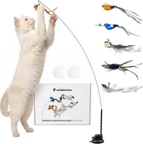 Whiskertons Juego de juguetes interactivos de simulación de pájaros, juguetes interactivos para gatos de interior, juguete de plumas de gato, base