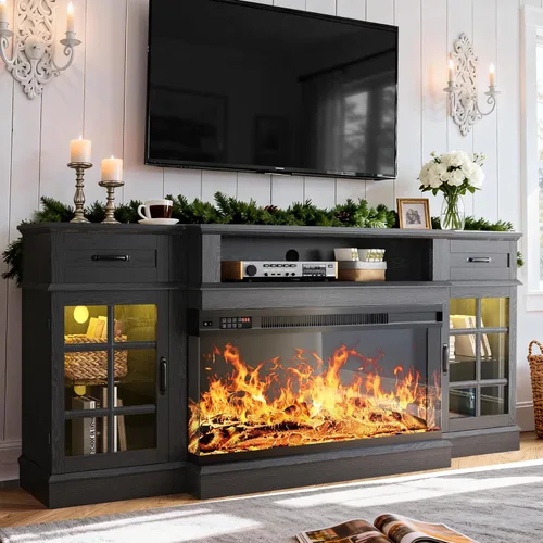 Miniatura 9 de MXV Soporte de TV con chimenea de 70 pulgadas, chimenea de vidrio de 3 lados y centro de entretenimiento moderno, consola multimedia de madera