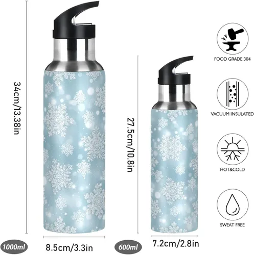 Miniatura 2 de Botella de agua aislada con copos de nieve blancos plateados de 32 onzas, botella de agua deportiva sin BPA aislada a prueba de fugas