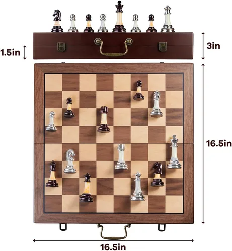 Miniatura 3 de Juego de ajedrez de lujo de 16.5 pulgadas, tablero de ajedrez plegable grande de madera con asa, piezas de ajedrez acrílicas con peso - Rey de 3.5