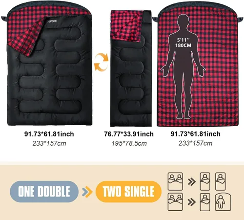 Miniatura 3 de Saco de dormir doble de franela para adultos con 2 almohadas, sacos de dormir para 2 personas, camping, XXL, tamaño Queen, saco de dormir para dos