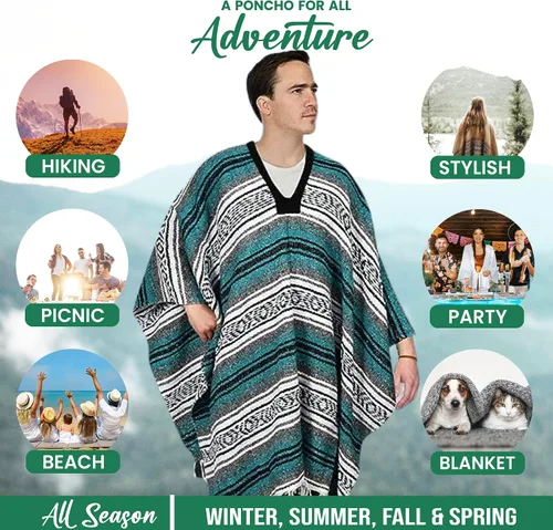 Miniatura 32 de Artisans Bazaar Poncho tradicional mexicano de Baja para hombres y mujeres, auténtico sarape de Gaban, manta de vaquero Pancho Jorongo
