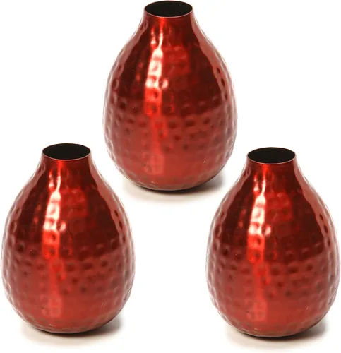 Hosley Juego de 3 jarrones de metal de 4.5 pulgadas de alto, acabado rojo, decoración floral contemporánea para arreglos florales, elegantes Acabado