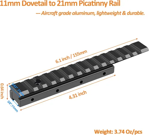 Miniatura 5 de LONSEL Adaptador Convertidor de Carril de Cola de Milano de 11mm a Picatinny de 21mm - 155mm/6.1" de Largo Montura de Mira de Perfil Bajo