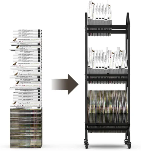Miniatura 7 de VENNQD Estantería de metal industrial para libros, soporte de 3 niveles con ruedas, diseño moderno y elegante, revistas, archivos, álbum de recetas