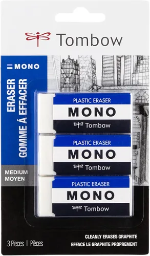 Tombow 57324 Borrador MONO, blanco, mediano, paquete de 3. Elimina limpiamente las marcas sin dañar el papel